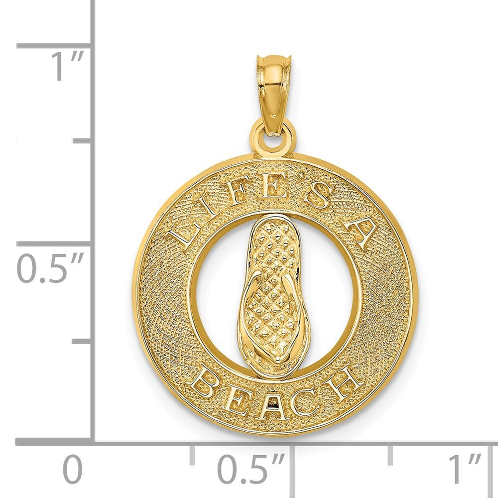 14k Yellow Gold LIFES A BEACH Circle Flip-Flop Charm Pendant for Women