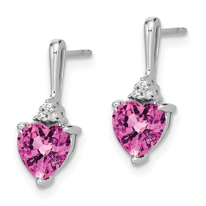 14k White Gold Created Pink Sapphire and Diamond Heart Drop & Dangle Earrings