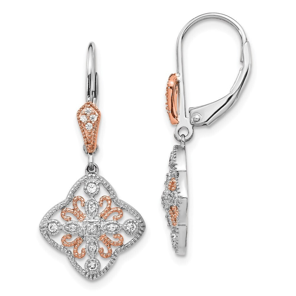 14k White Gold w/Rose Rhodium Diamond Leverback Drop & Dangle Earrings