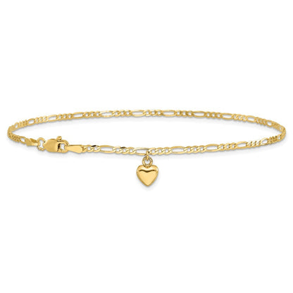 14k Yellow Gold Figaro Link Chain with Dangling Puffed Heart 10 inch Anklet