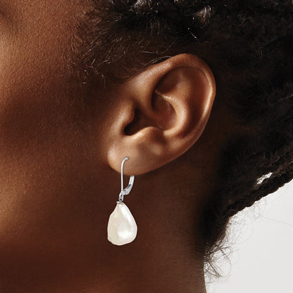 Sterling Silver 13-15mm Keshi Cultured Pearl Leverback Dangle Earrings