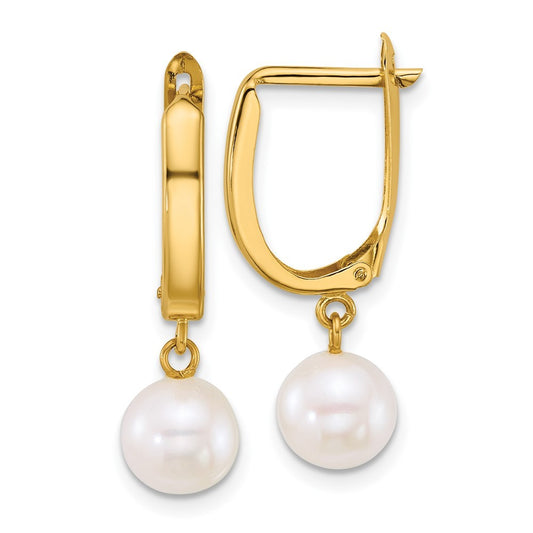 14k Yellow Gold 7-8mm Round White Freshwater Cultured Pearl Dangle Hoop Earrings