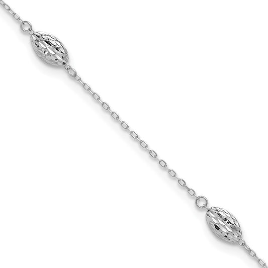 14k White Gold Diamond-cut Rice Puff Beads 4-Station 10" Anklet