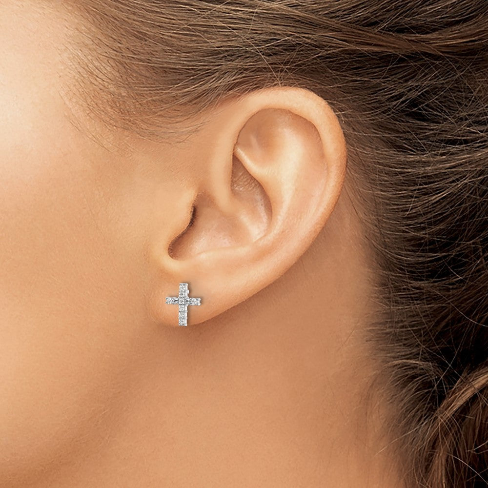 14k White Gold Polished Diamond Cross Earrings