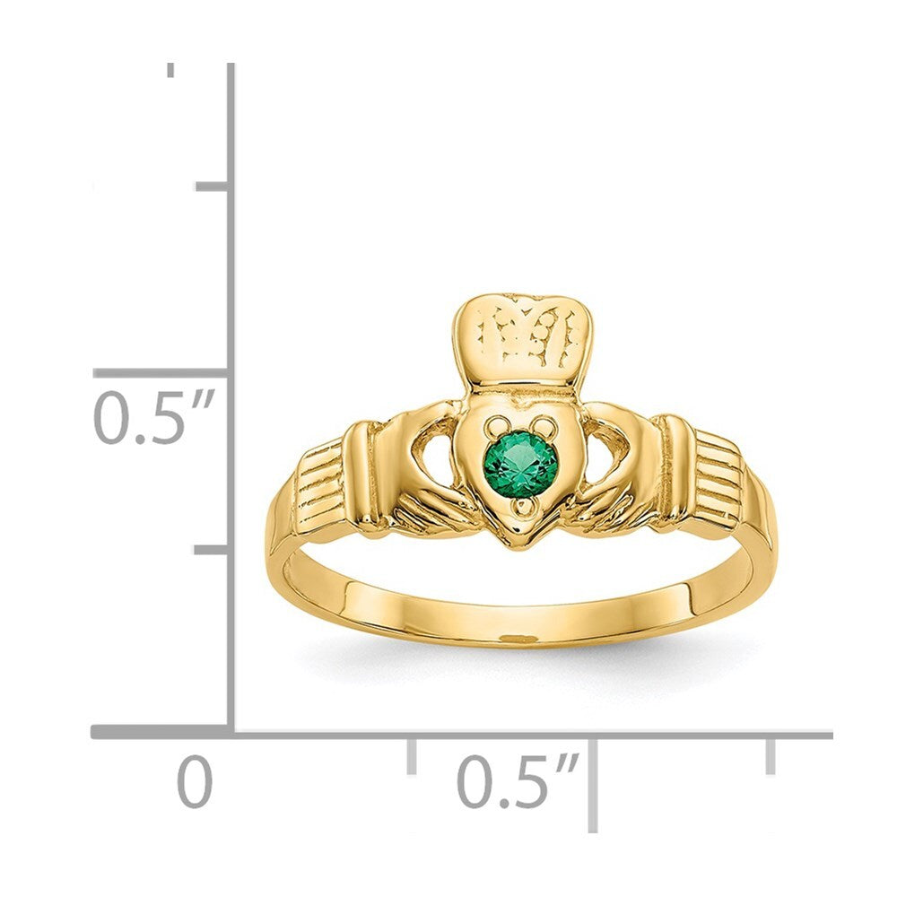14K Yellow Gold Green CZ Claddagh Ring
