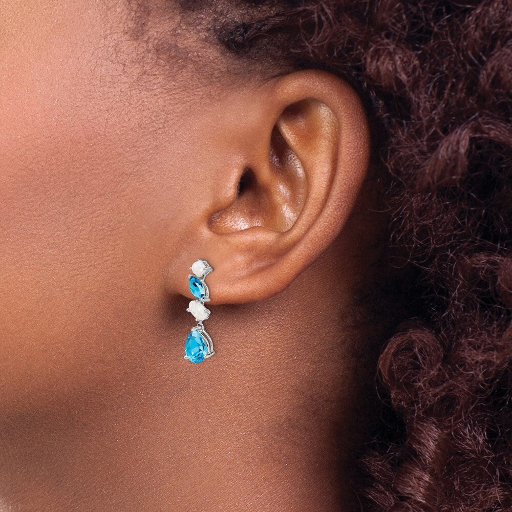 14k White Gold Blue Topaz and Opal Dangle Earrings Gift for Women