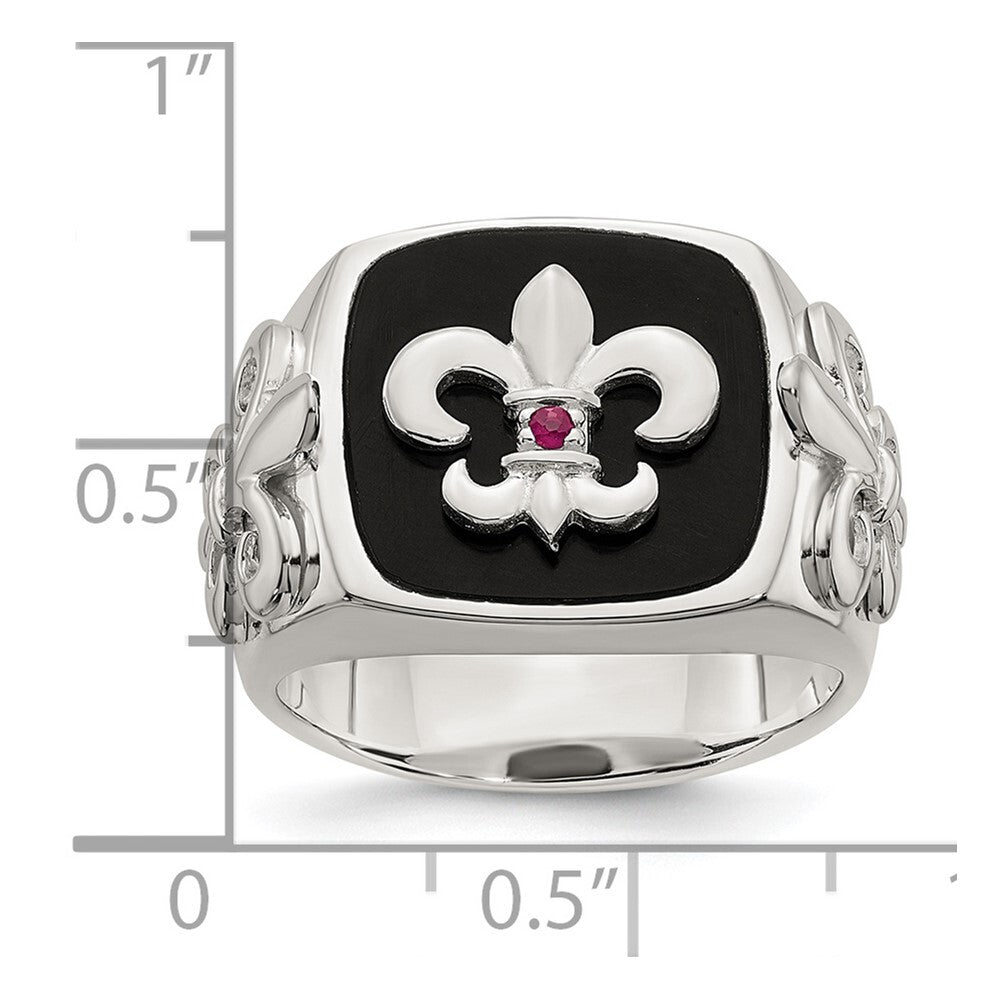Sterling Silver .03Ruby/Black Agate Fleur de Lis Ring Size 11