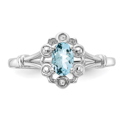 Sterling Silver Rhodium-plated Aquamarine & Diamond Ring