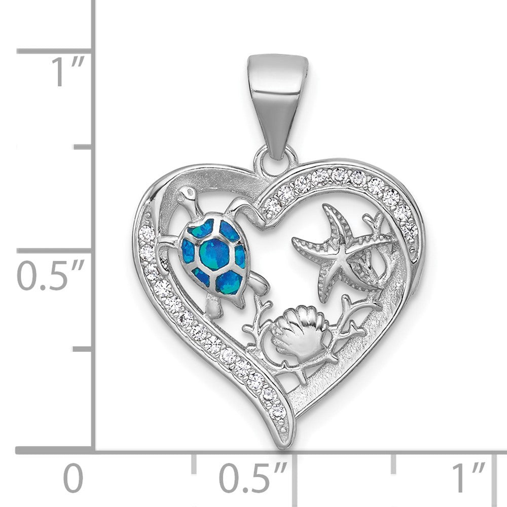 Sterling Silver Textured Blue Lab Created Opal and CZ Sealife Heart Pendant