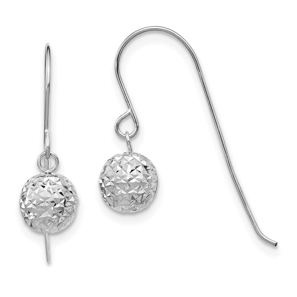 14K White Gold 6mm Diamond Cut Ball Dangle Earrings Gift for Women