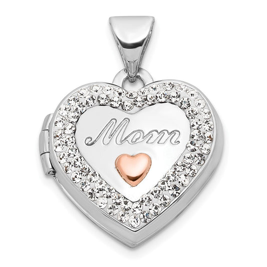 14k White Gold  Rose Rhodium Plated Crystal 16mm MOM Heart Locket Pendant