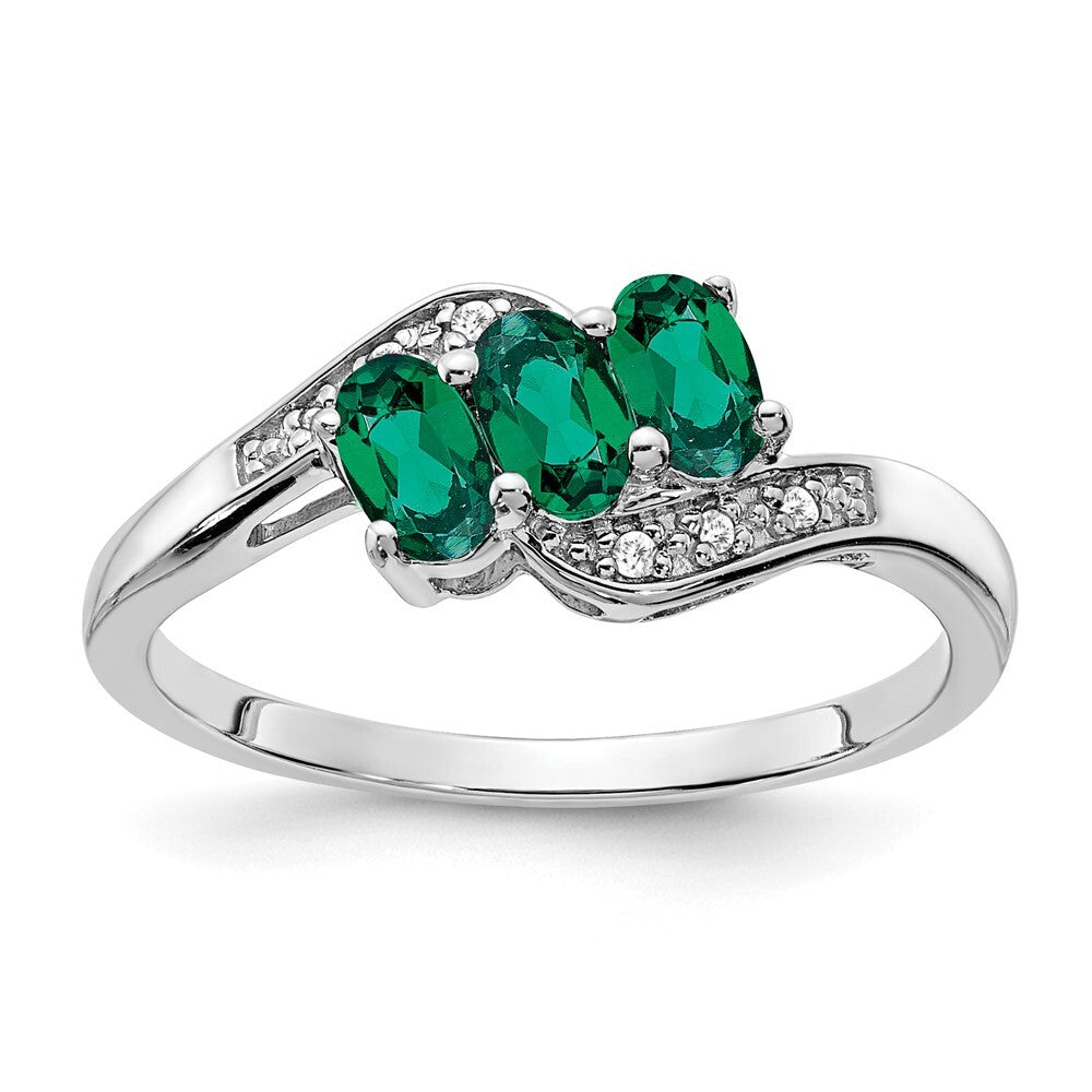 Sterling Silver Rhodium-plated Created Emerald and Diamond Ring Size 6