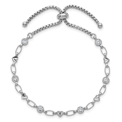 Sterling Silver Round CZ and Diamond-cut Heart Adjustable Bolo Bracelet