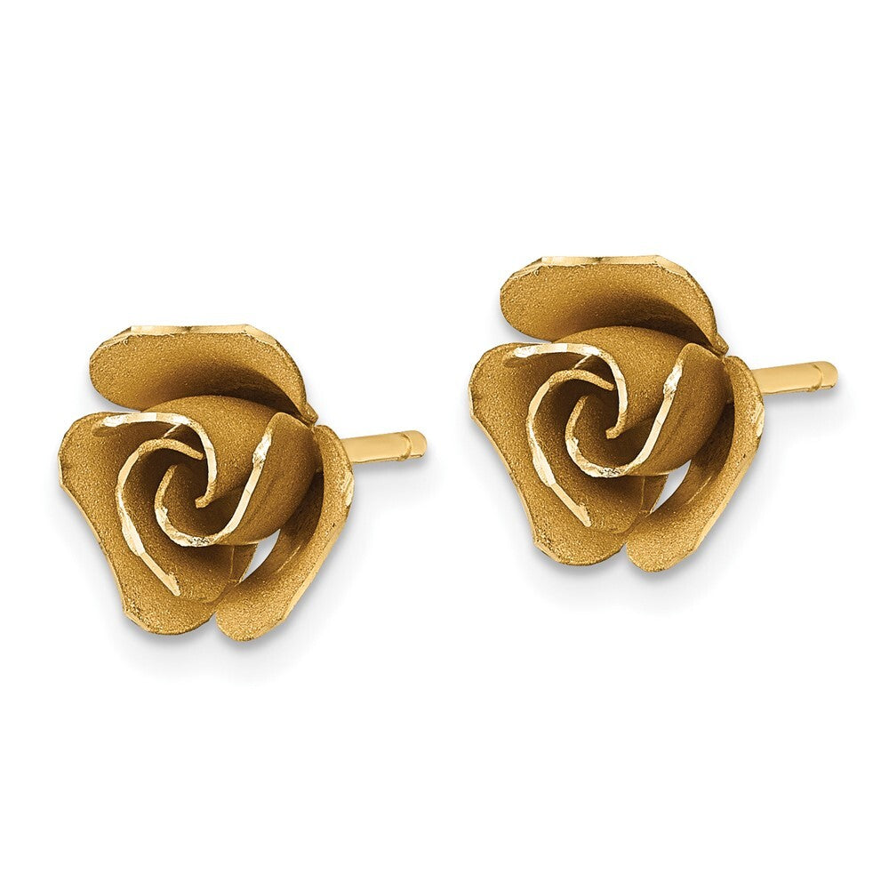 14k Yellow Gold Brushed Rose Flower Stud Earrings Gift for Women