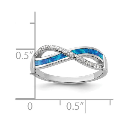 Sterling Silver RH-plated CZ and Blue Cr. Opal Inlay Infinity Symbol Ring Size 8