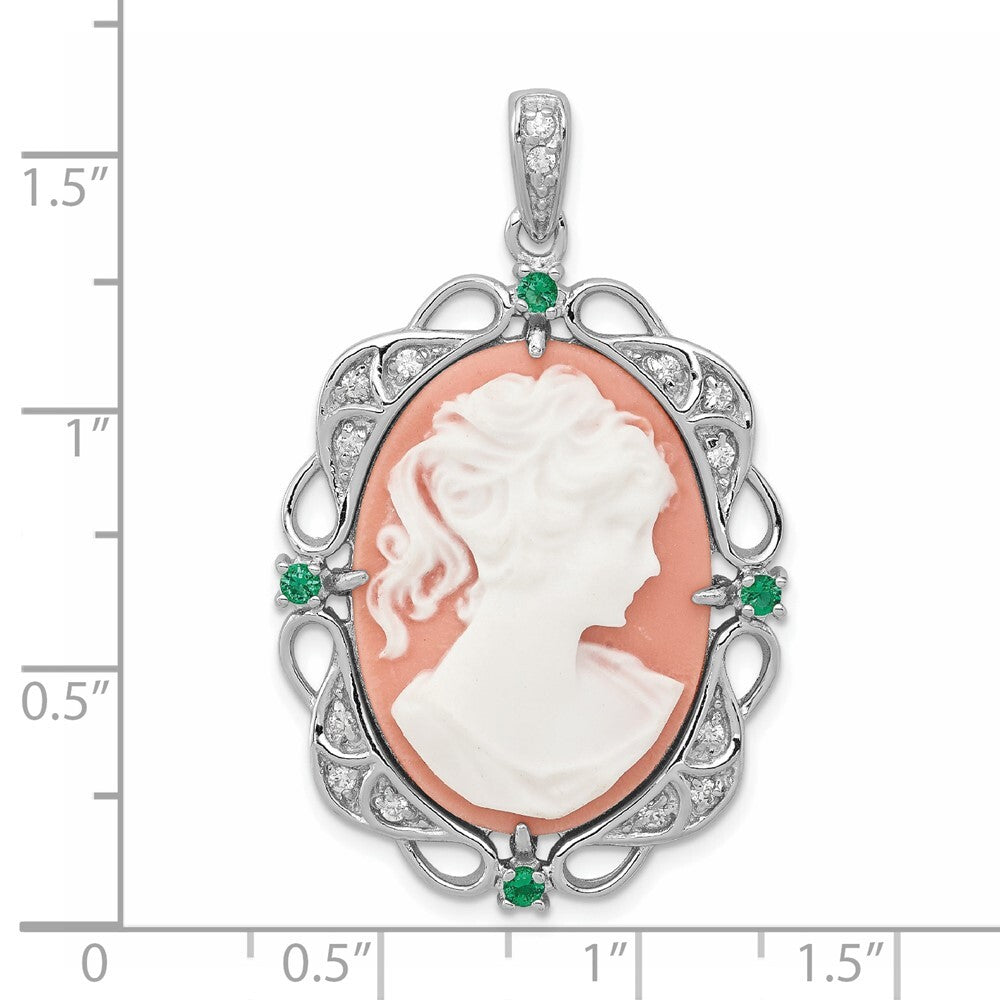 Sterling Silver Filigree Frame Green Glass with CZ Plastic Lady Cameo Pendant