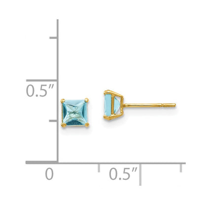14k Yellow Gold Blue Topaz 4mm Square Stud Earrings Gift for Women