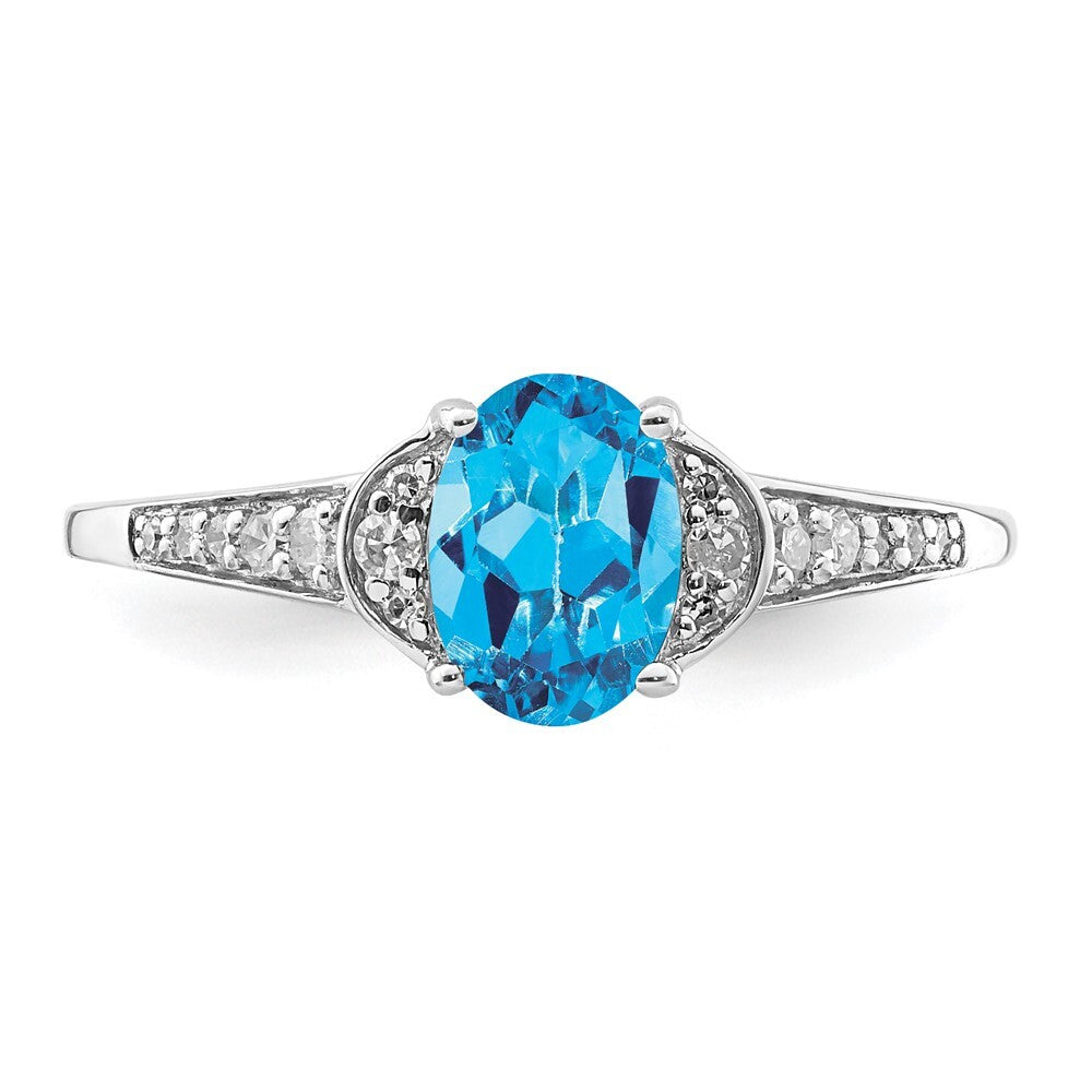 Sterling Silver Rhodium Oval Blue Topaz & Diamond Ring Size 7