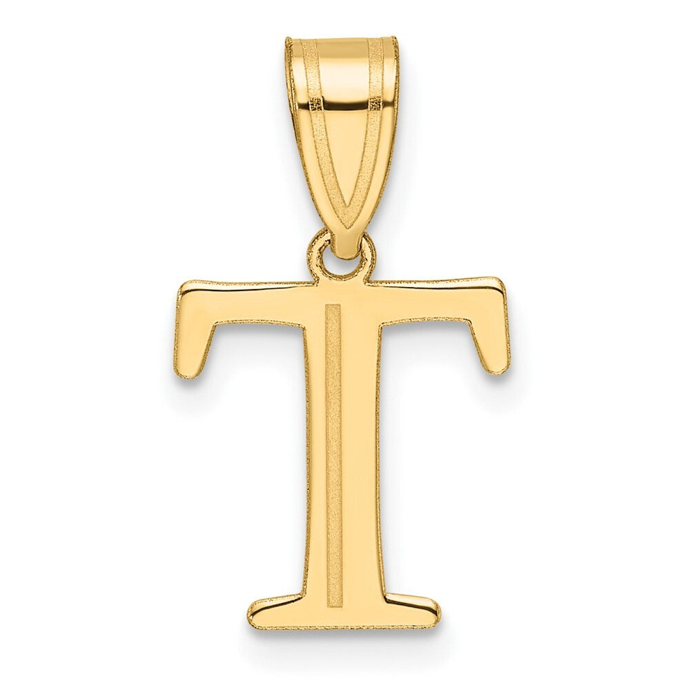 14k Yellow Gold Polished Etched Letter T Initial Pendant for Women