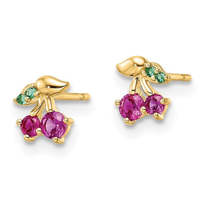 14k Yellow Gold Red Cubic Zirconia & Green Glass Cherry Stud Earrings
