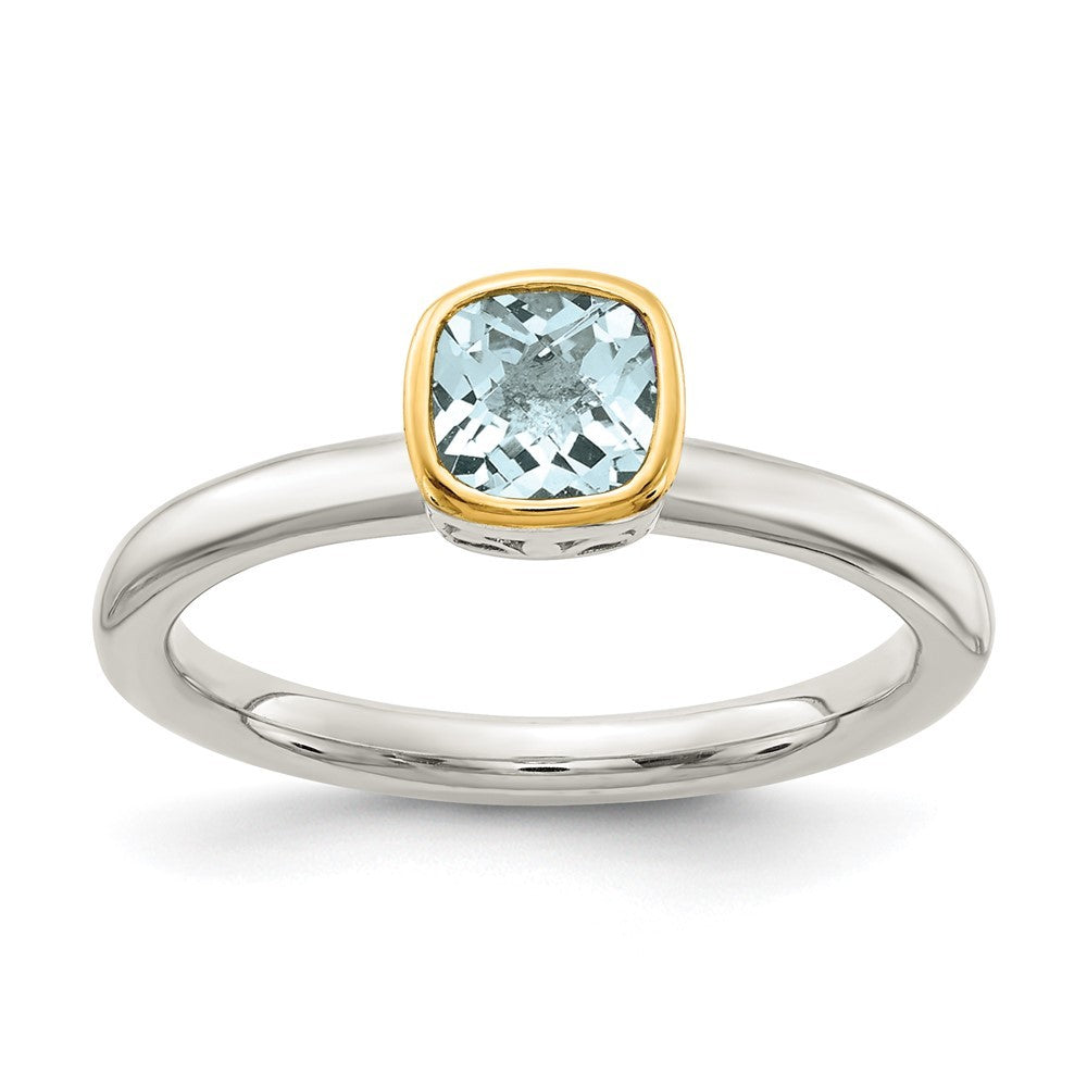 Sterling Silver Rhodium-plated with 14K Accent  Cushion-cut Aquamarine Ring