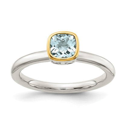 Sterling Silver Rhodium-plated with 14K Accent  Cushion-cut Aquamarine Ring
