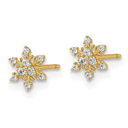 14k Yellow Gold Polished Cubic Zirconia Snowflake Stud Earrings Gift for Women