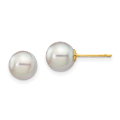 14k Yellow Gold 7-8mm Grey Round Akoya Saltwater Cultured Pearl Post Earrings