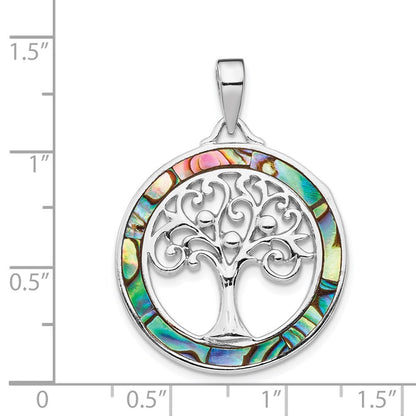 Sterling Silver Rhodium-plated Abalone Circle Tree of Life Pendant