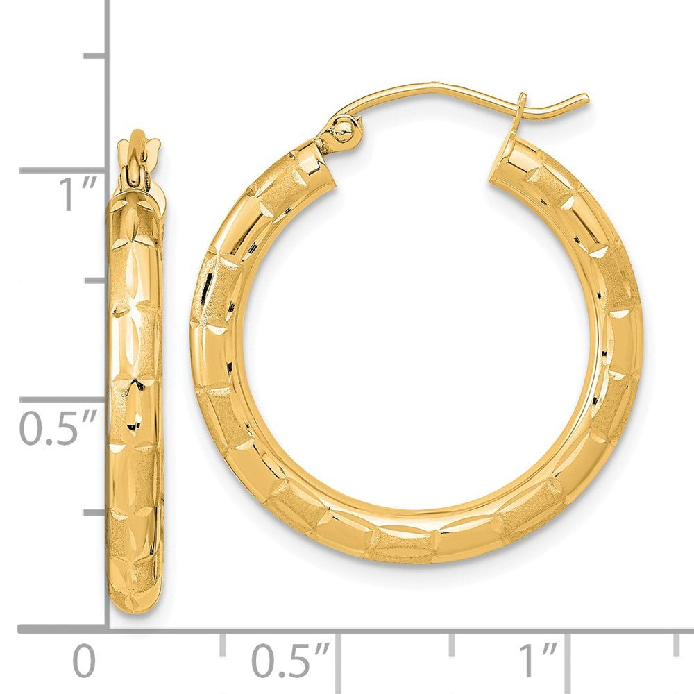 14k Yellow Gold Polished Satin and Diamond-cut Hoop Earrings