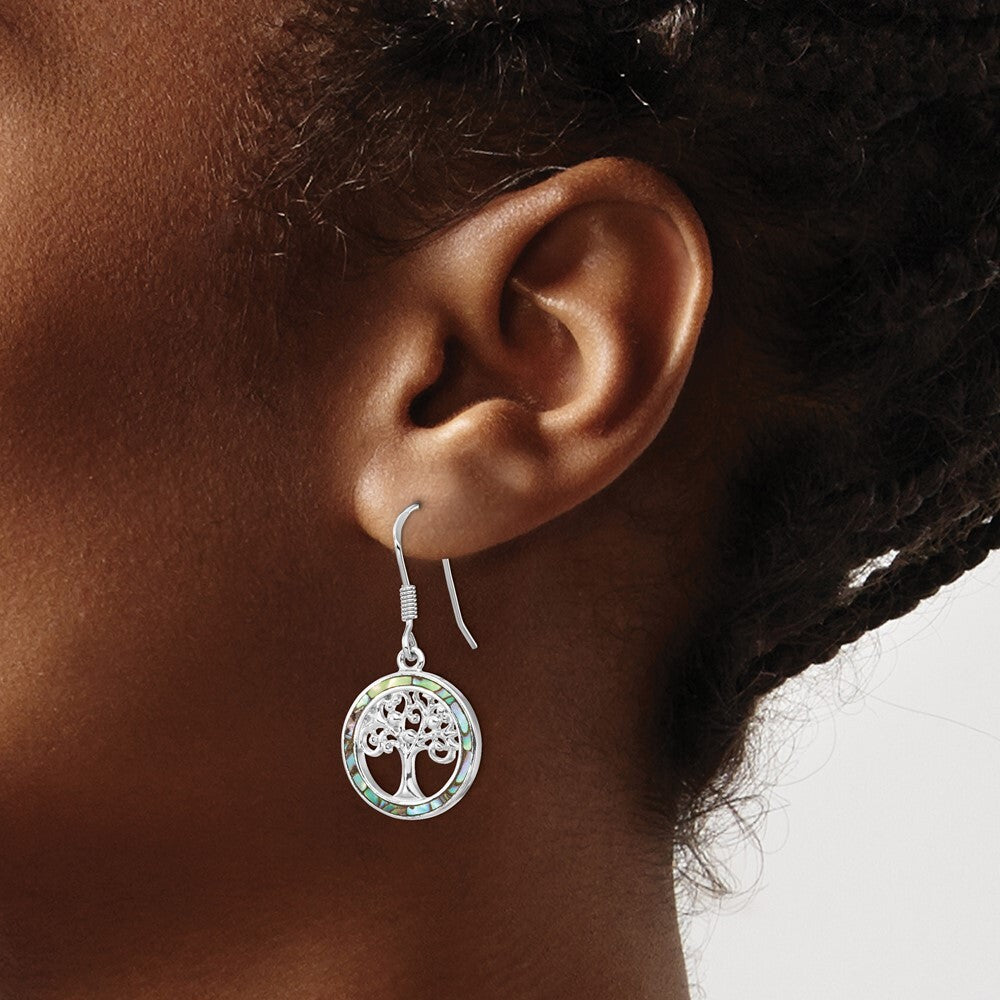 Sterling Silver Rhodium-plated Abalone Circle Tree Dangle Earrings