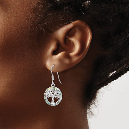 Sterling Silver Rhodium-plated Abalone Circle Tree Dangle Earrings