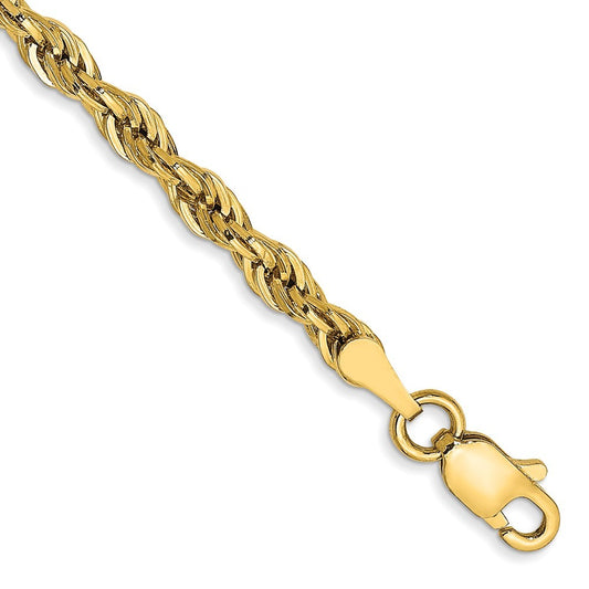 14k Yellow Gold 7 inch 3mm Semi Solid Rope Chain Bracelet