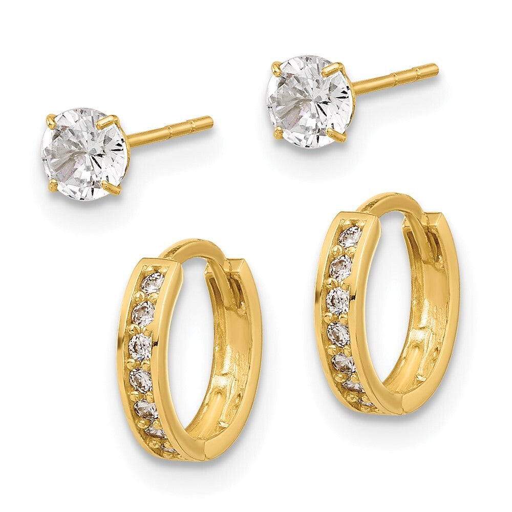 14k Yellow Gold Polished Cubic Zirconia and Hinged Hoop Earring Set