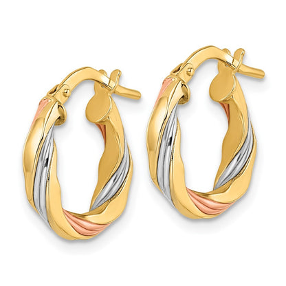 14k Yellow Gold Rose & White Rhodium Polished Twisted Hoop Earrings