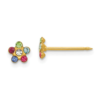 14k Yellow Gold Flower Multicolor Crystal Stud Earrings