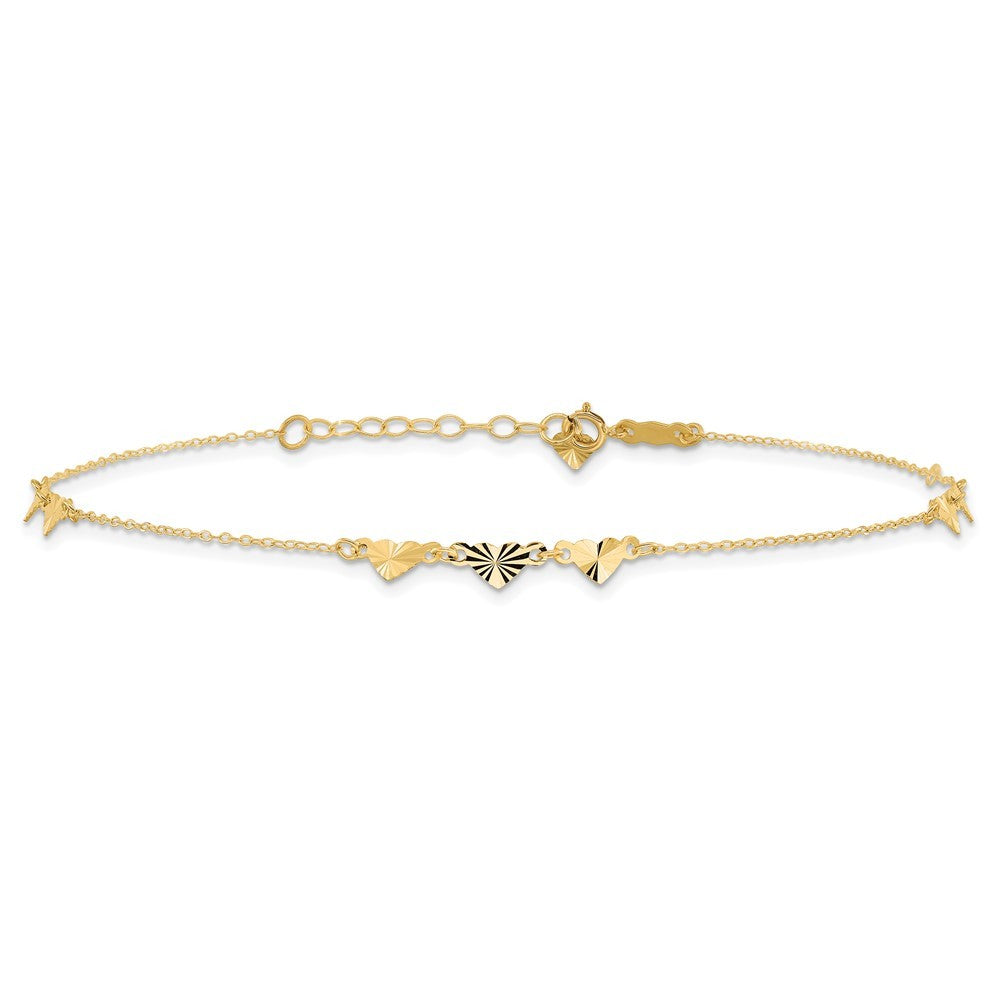 14k Yellow Gold Diamond-cut Hearts 10" Anklet