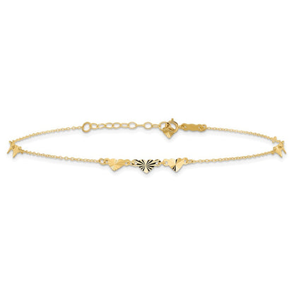 14k Yellow Gold Diamond-cut Hearts 10" Anklet