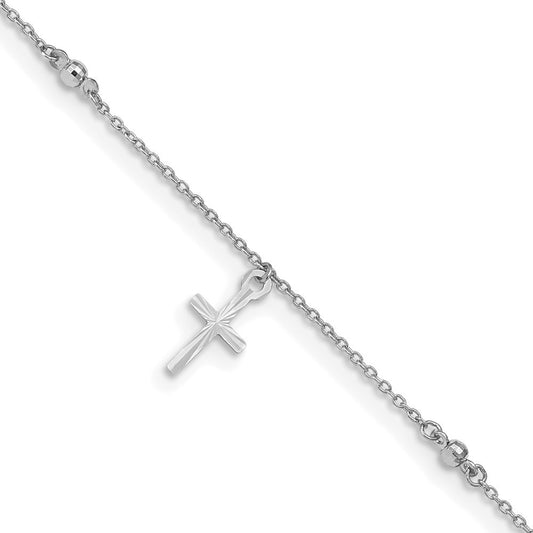 14k White Gold Diamond-cut 3 Cross Dangles and Beads 10" Anklet