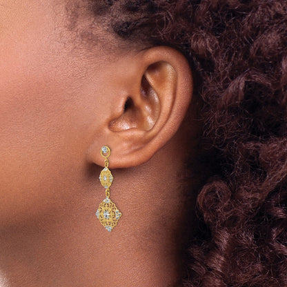 14k Yellow Gold Rhodium Diamond-cut Filigree Dangle Earrings