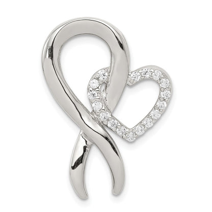 Sterling Silver Cubic Zirconia Heart/Breast Cancer Ribbon Chain Slide