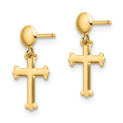 14k Yellow Gold Polished Cross Dangle Earrings Gift for Women