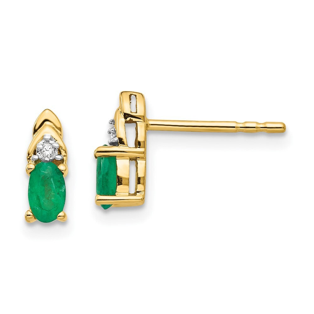 14k Yellow Gold Emerald and Diamond Stud Earrings Gift for Women
