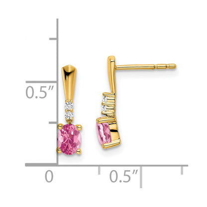 14k Yellow Gold Oval Pink Tourmaline and Diamond Dangle Earrings