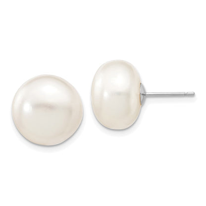 14k White Gold 12-13mm White Button Freshwater Cultured Pearl Stud Earrings