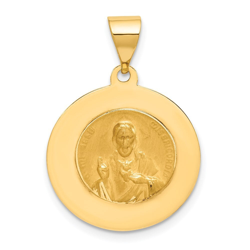 14k Yellow Gold Hollow Round Spanish Escapulario Reversible Medal Pendant