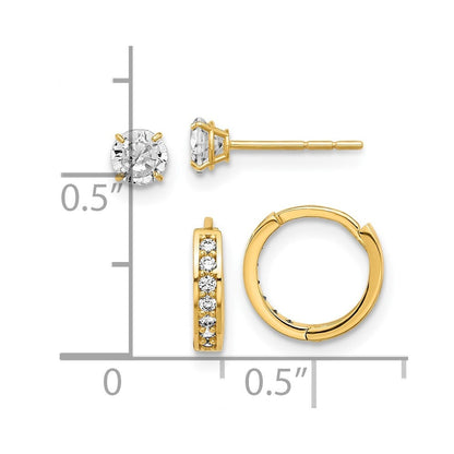 14k Yellow Gold Polished Cubic Zirconia and Hinged Hoop Earring Set