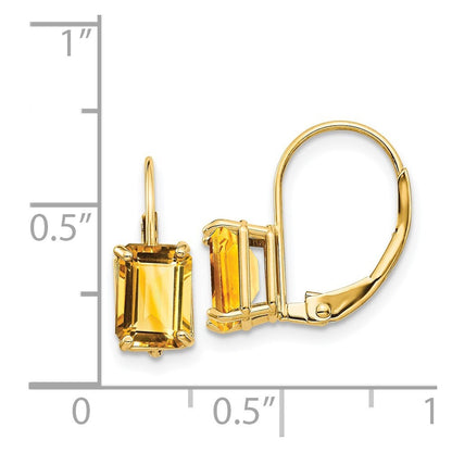 14k Yellow Gold 7x5mm Emerald Cut Citrine Dangle Earrings Leverback