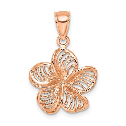 14k Rose Gold Beaded and Polished Plumeria Flower Charm Pendant for Women