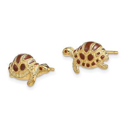 14k Yellow Gold Brown Enamel Turtle Stud Earrings Gift for Women
